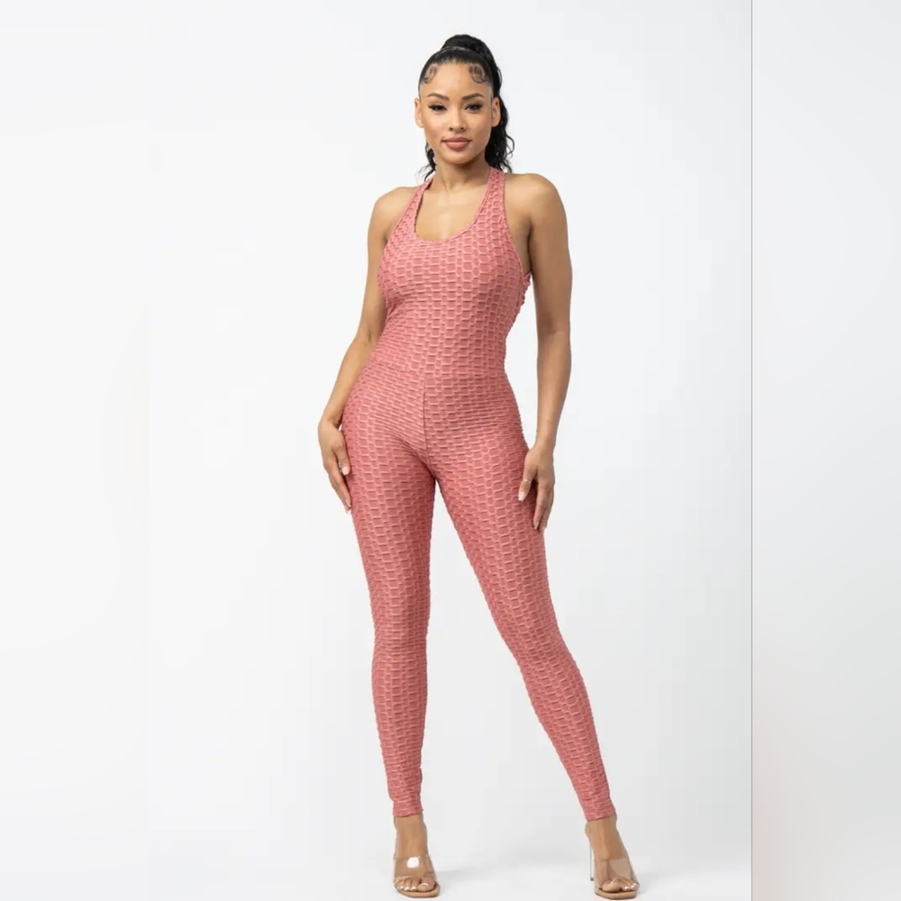 Women's Pink Cross Back Textured Jumpsuit